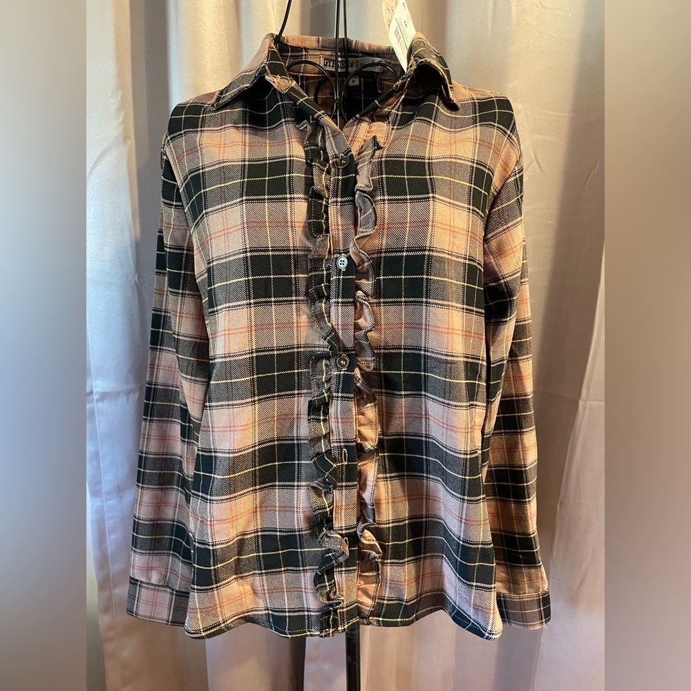 Gypsies & Moondust Womens Shirt Size Med Boho Plaid Ruffle Button Up Long Sleeve